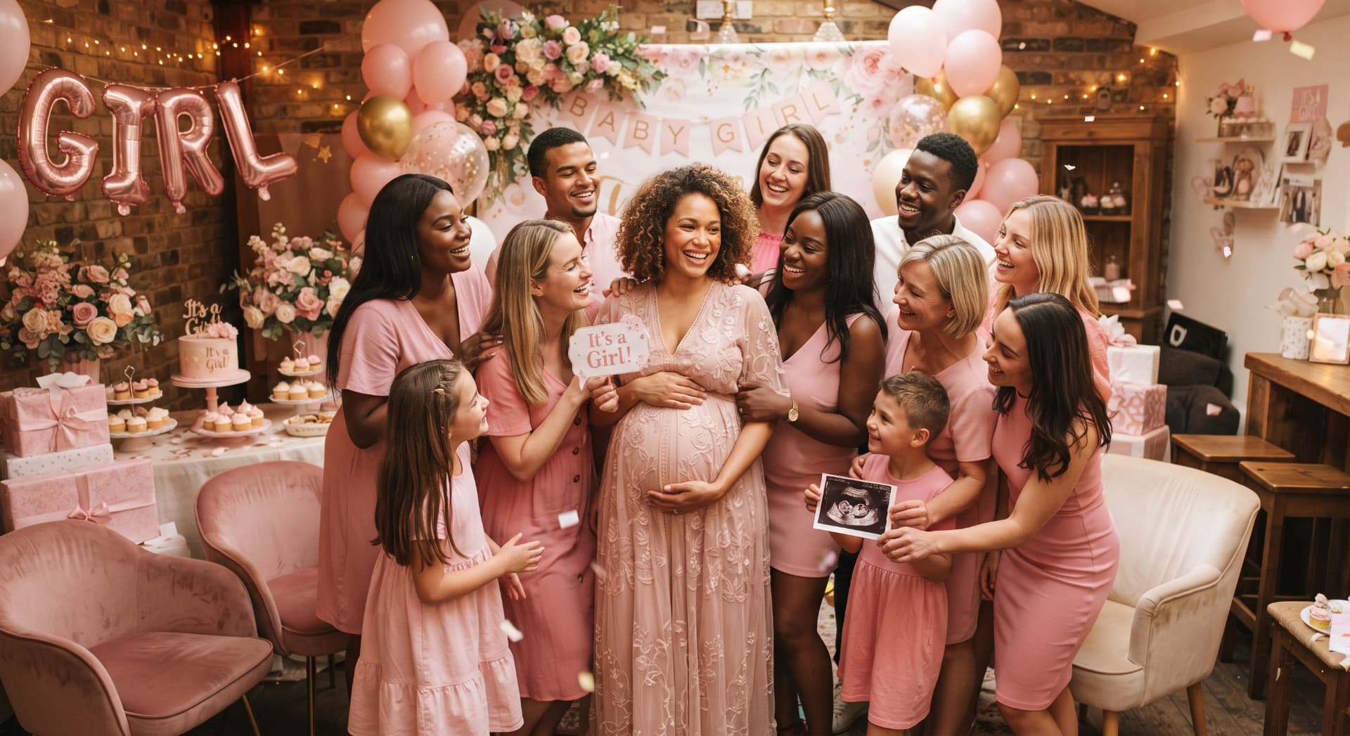 Future maman en robe rose clair entourée de ses proches qui célèbrent son baby shower, au milieu de ballons roses et dorés et de fleurs