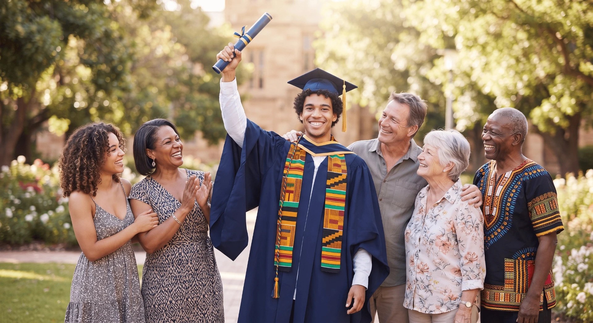 Un jeune diplômé en togue brandit son diplôme, acclamé par sa famille réunie dans un jardin fleuri