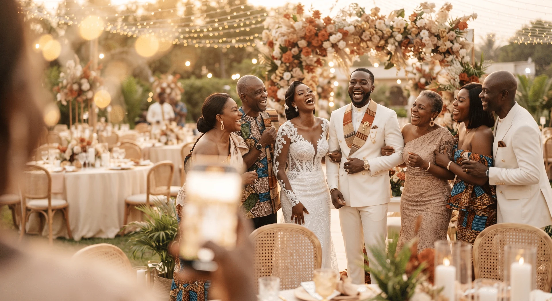 Les mariés rient de bonheur entourés de leurs familles lors d'un mariage célébré en extérieur, sous une arche de fleurs terracotta et des guirlandes lumineuses