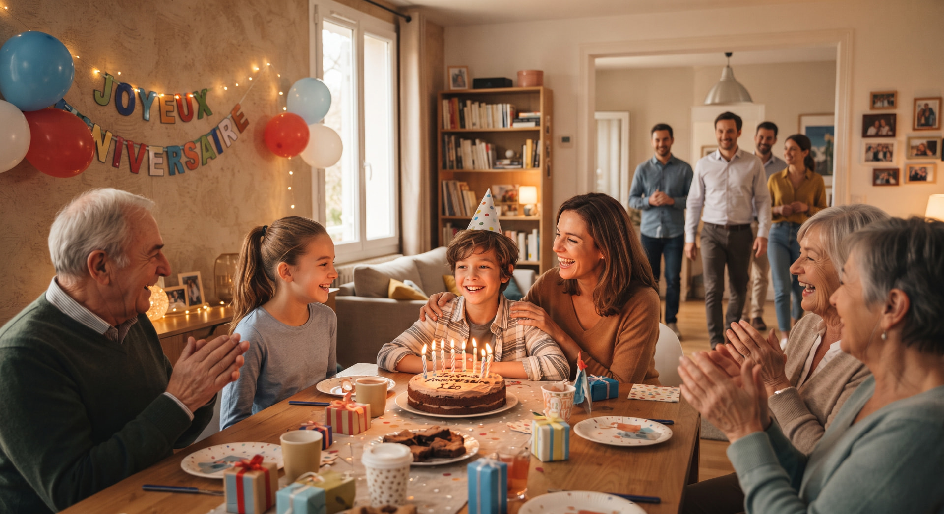 Famille et amis réunis autour d'un gâteau d'anniversaire garni de bougies allumées, dans un salon décoré de ballons et d'une guirlande « Joyeux Anniversaire »