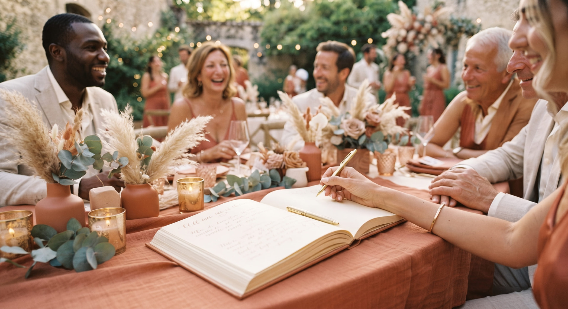 Une main signe le livre d'or posé sur une table au nappage terracotta, entourée d'invités souriants, de fleurs et de bougies